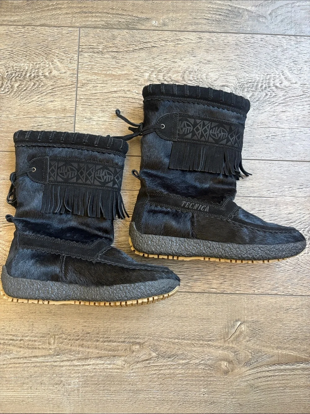Tecnica Black Pony hair & Leather Fringe Winter Boots w Patterned Strap Details